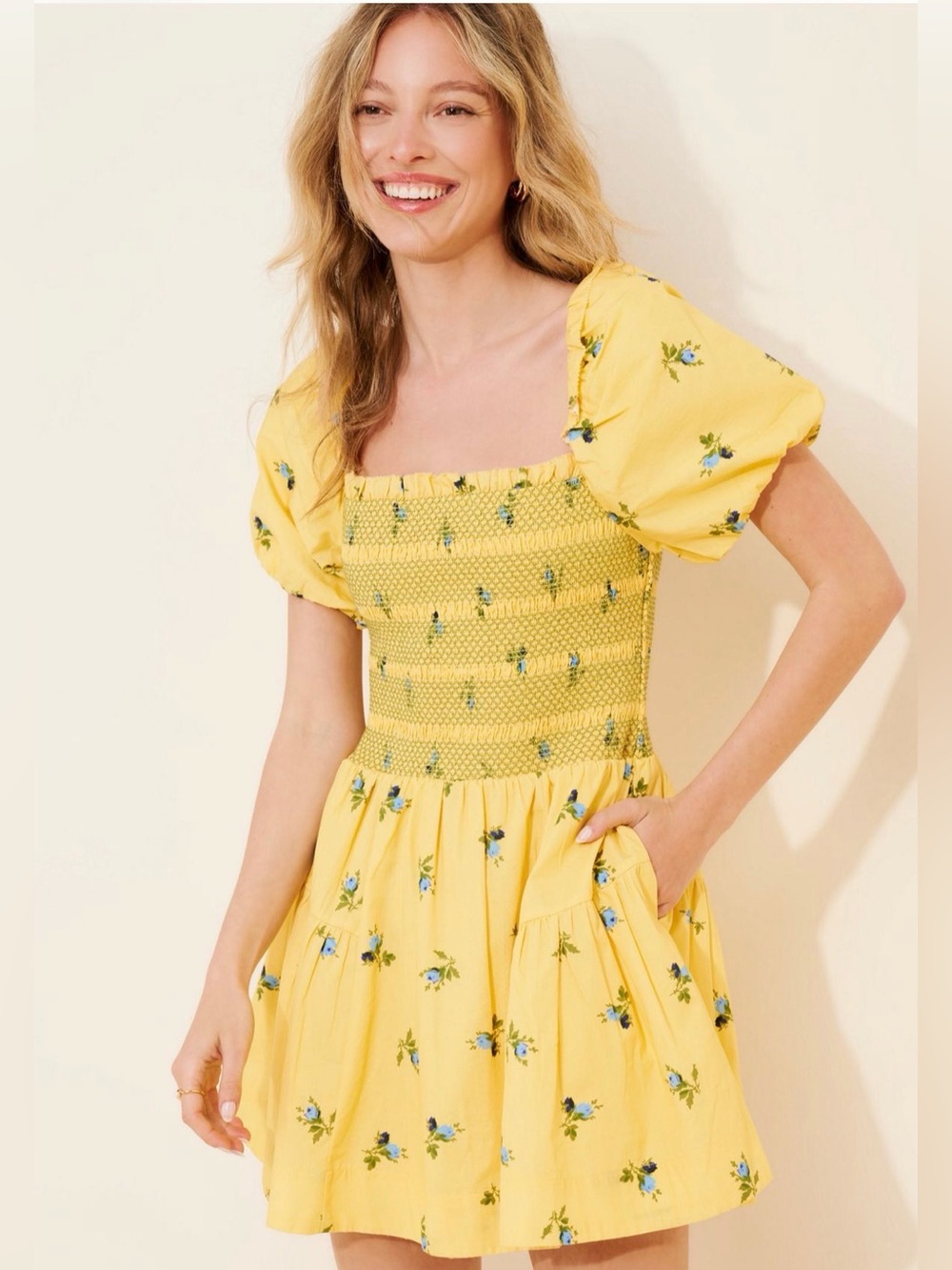 Anthropologie Yellow Floral Puff Sleeve Smocked Mini Dress S